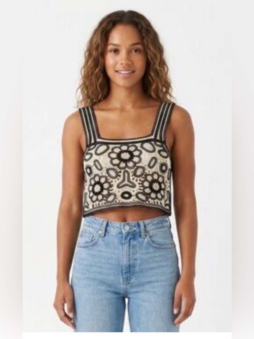 Rebellion Black and Cream Crochet Floral Crop Tank
